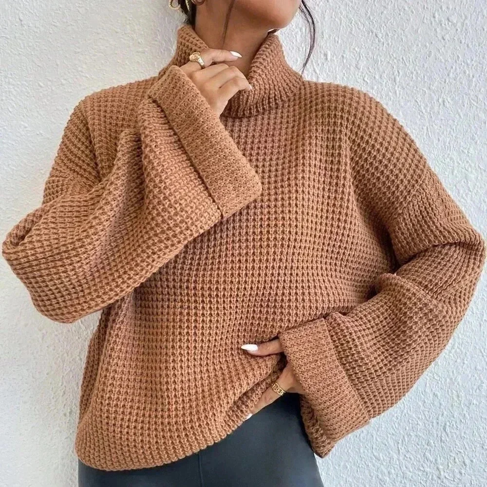 Camel Casual Women's Turtleneck Drop Shoulder Waffle Knit Sweater